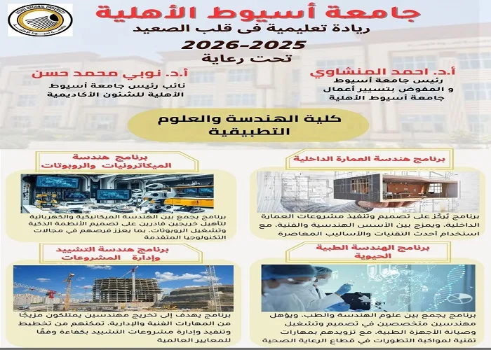 جامعة أسيوط الأهلية تقدم تخصصات هندسية جديدة في كلية الهندسة والعلوم التطبيقية جامعة أسيوط الأهلية تقدم تخصصات هندسية جديدة في كلية الهندسة والعلوم التطبيقية