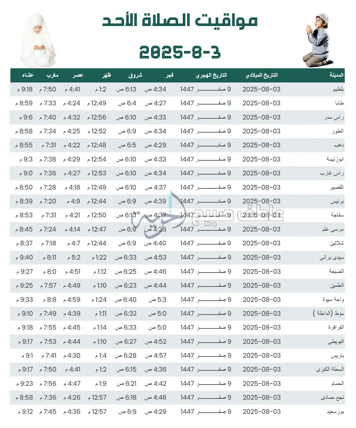 مواقيت الصلاة اليوم الأحد