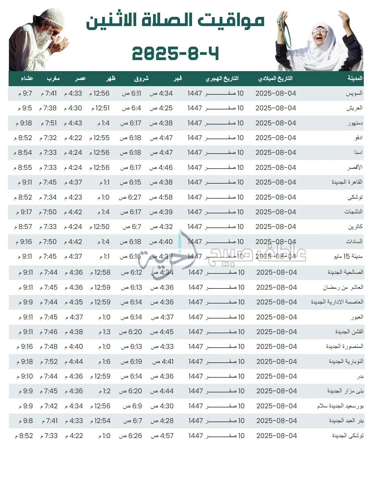 مواقيت الصلاة الاثنين في مصر