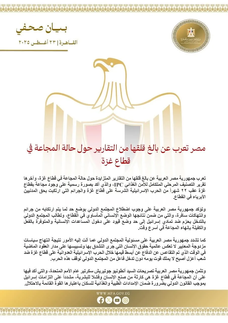 مصر تعبر عن انزعاجها العميق من أنباء المجاعة في غزة وتحث المجتمع الدولي على اتخاذ إجراءات. مصر تعبر عن انزعاجها العميق من أنباء المجاعة في غزة وتحث المجتمع الدولي على اتخاذ إجراءات.