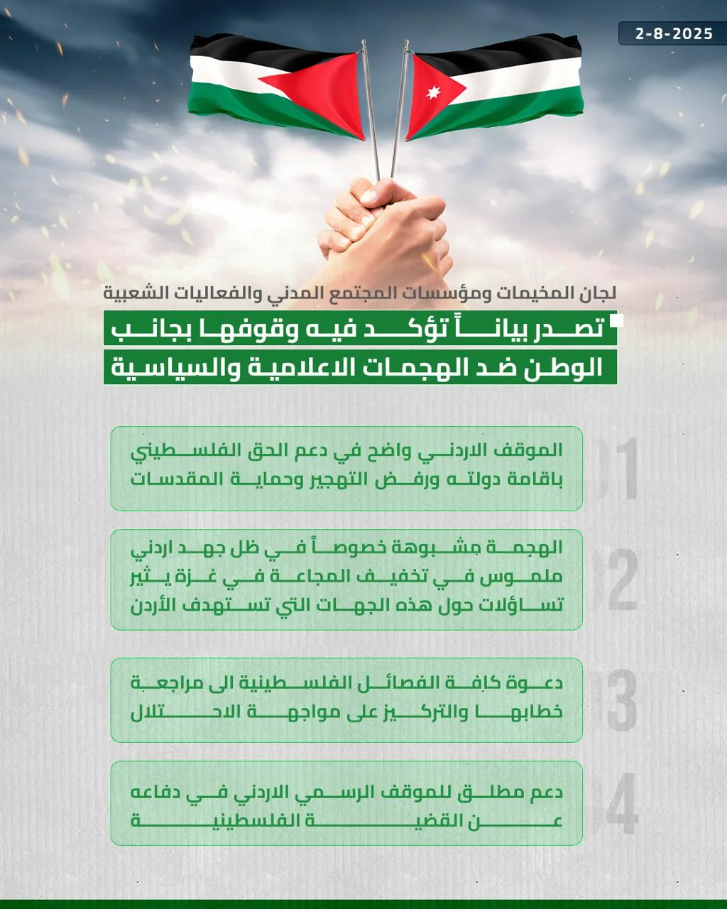 لجان المخيمات: نساند الأردن في مواجهة الاعتداءات ونقدّر موقفه تجاه فلسطين