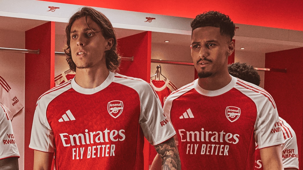 Riccardo Calafiori and William Saliba modelling the new home kit