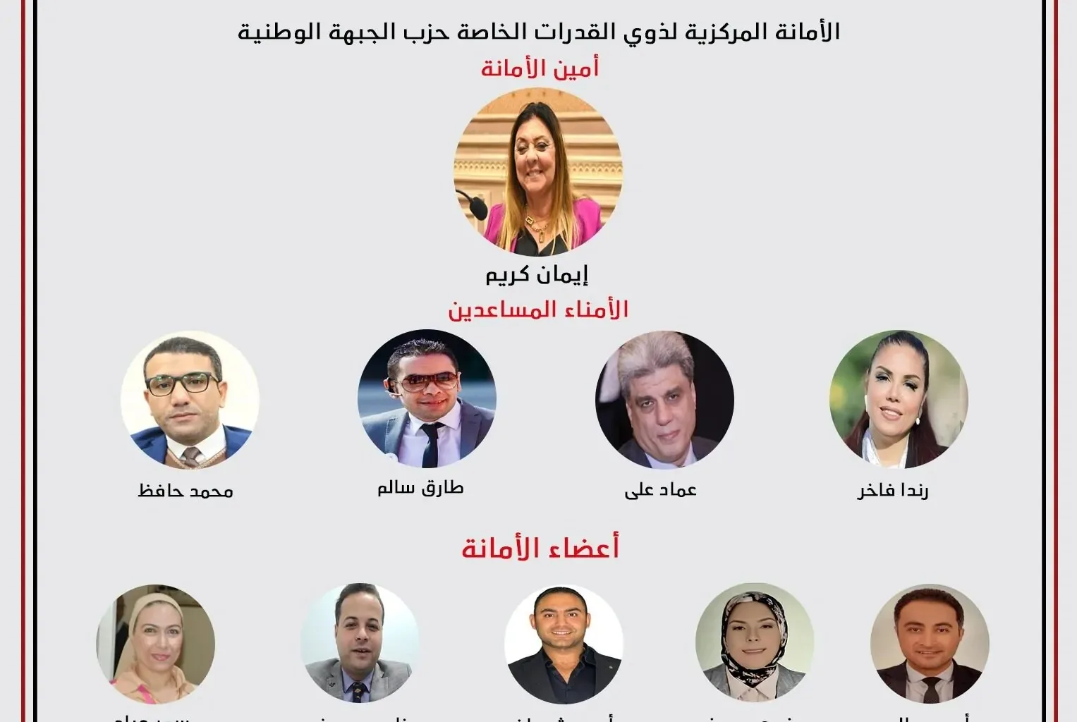 “الجبهة الوطنية” تُعلن إنشاء الأمانة المركزية لذوي الاحتياجات الخاصة برئاسة الدكتورة إيمان كريم “الجبهة الوطنية” تُعلن إنشاء الأمانة المركزية لذوي الاحتياجات الخاصة برئاسة الدكتورة إيمان كريم