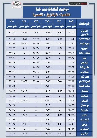 الهيئة القومية لسكك حديد مصر تكشف عن جدول مواعيد تشغيل القطارات بين القاهرة والزقازيق والمنصورة والعكس.