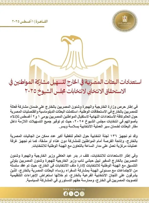 لتيسير مشاركة المواطنين: البعثات المصرية تجهز لانتخابات مجلس الشيوخ 2025 لتيسير مشاركة المواطنين: البعثات المصرية تجهز لانتخابات مجلس الشيوخ 2025