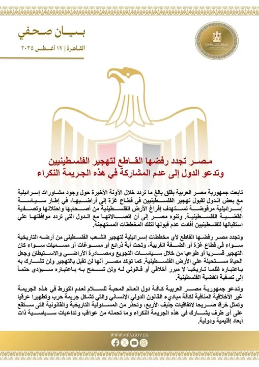 مصر تؤكد اعتراضها الشديد على تهجير الفلسطينيين وتناشد الدول بعدم التورط في هذه الجريمة. مصر تؤكد اعتراضها الشديد على تهجير الفلسطينيين وتناشد الدول بعدم التورط في هذه الجريمة.