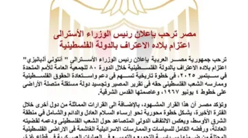 مصر تعبر عن ترحيبها بإعلان أستراليا نيتها الاعتراف بالدولة الفلسطينية