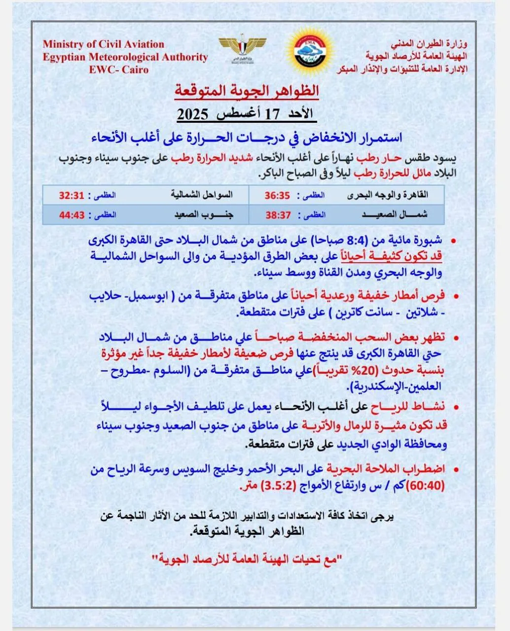 نشاط مروّح لتخفيف حرارة الطقس.. توقعات الأحوال الجوية ليوم الأحد 17 أغسطس نشاط مروّح لتخفيف حرارة الطقس.. توقعات الأحوال الجوية ليوم الأحد 17 أغسطس