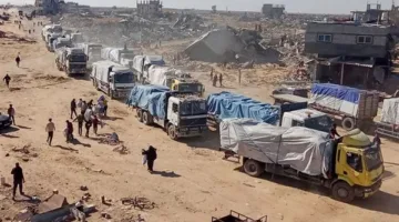وصول 45 شاحنة مساعدات إماراتية إلى معبر كرم أبو سالم استعدادًا لدخولها إلى غزة.